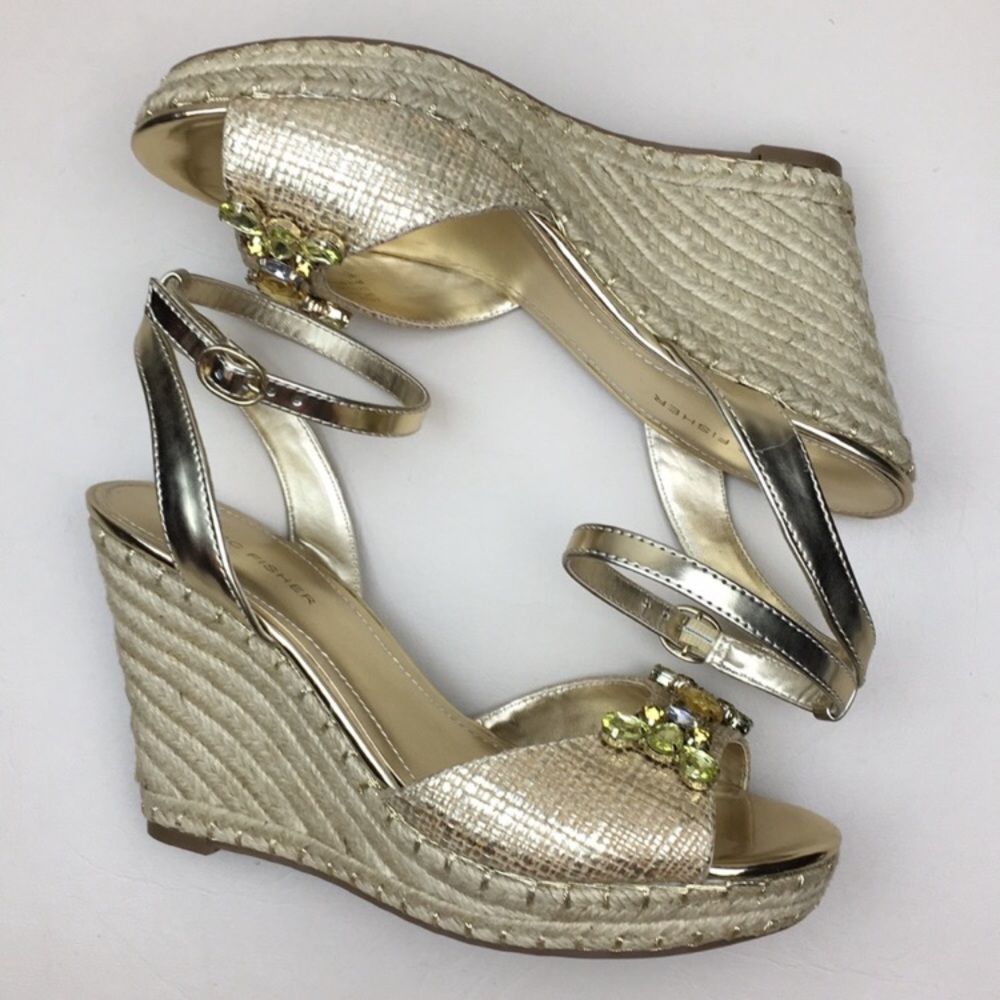 Marc Fisher Elia Jeweled Espadrille Wedges NWOB - Picture 2 of 10